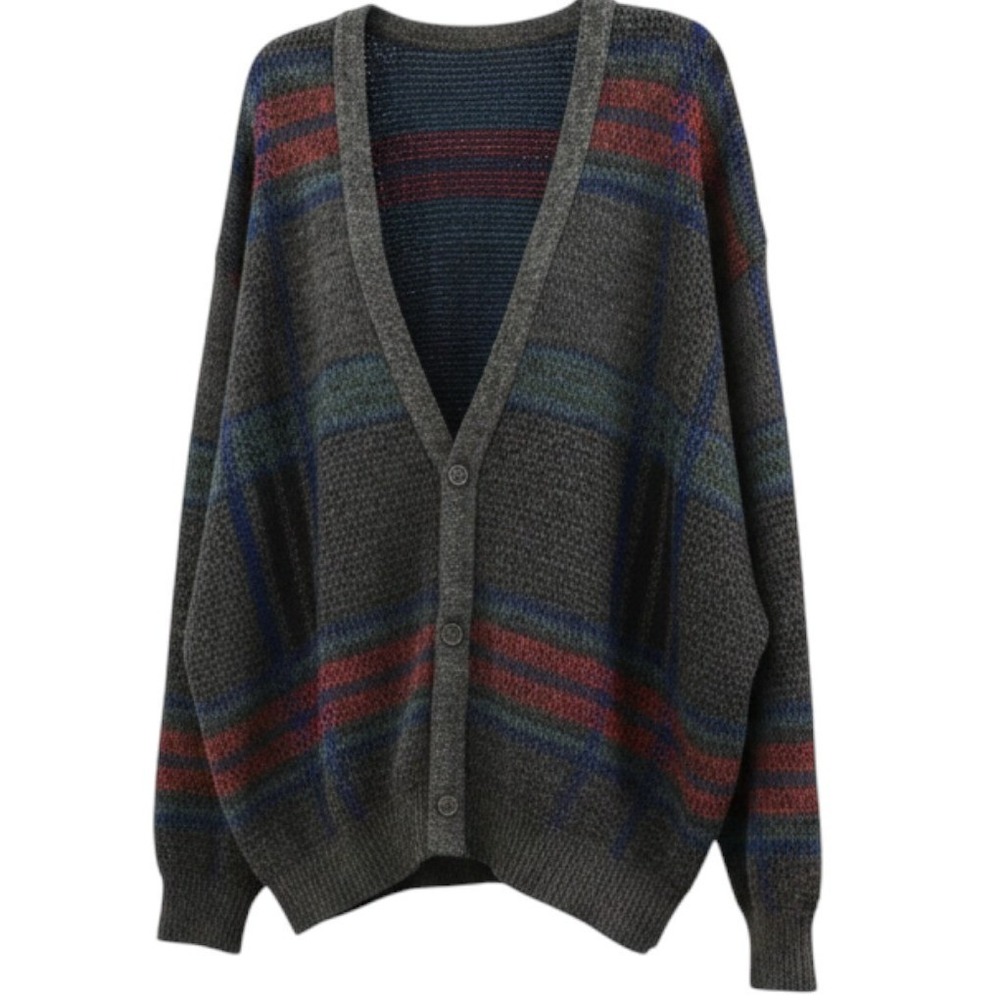 Vintage 90s Jantzen Cardigan Sweater Mens XL Grey Plaid Knit Grunge Grandpa